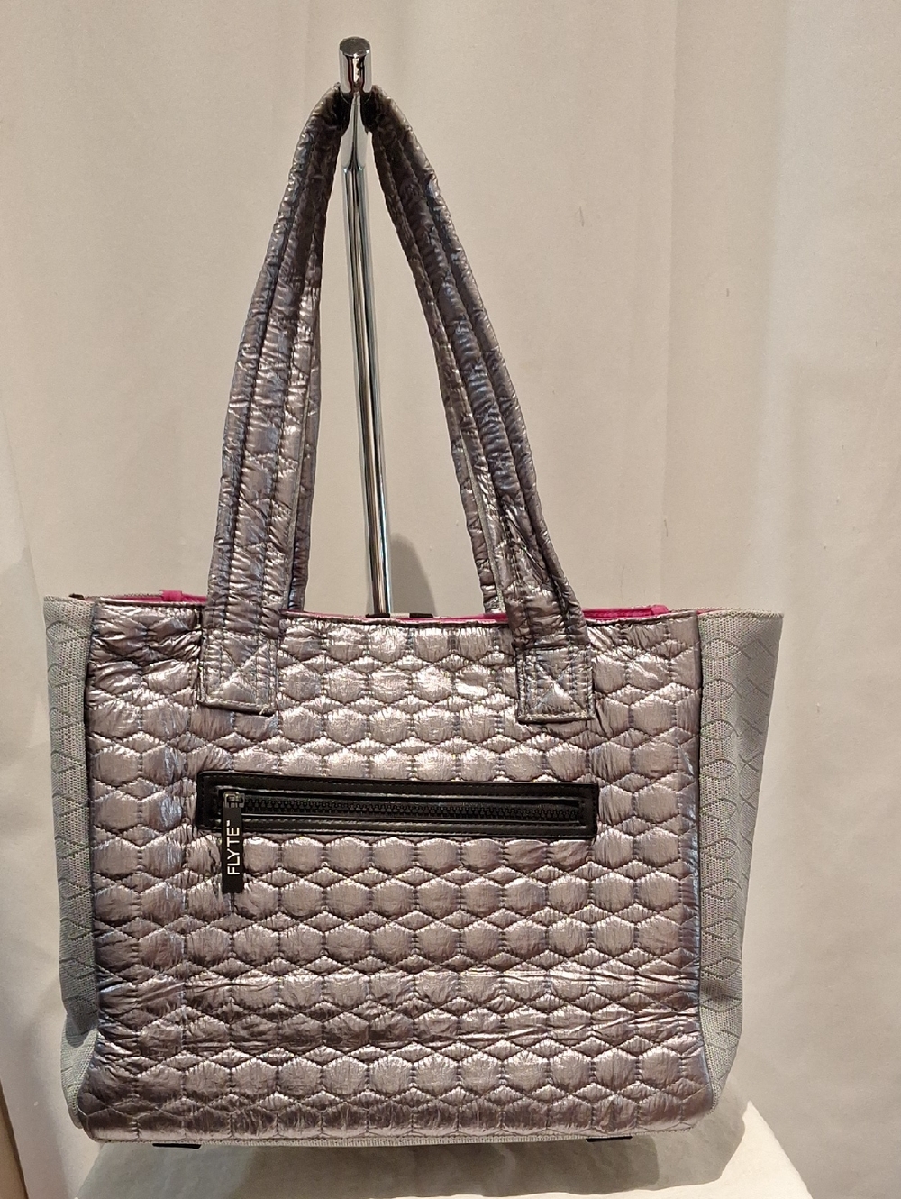 FLYTE Silver Quilted Tote Bag with Pink Interior